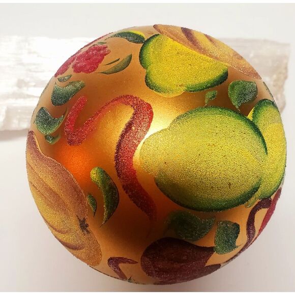 Hand Painted Ornament 4"Brassy Gold Jewel Tone Fruits Flocked Texture w/ Sparkle - Picture 9 of 14